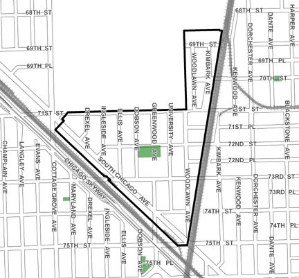 73rd/University TIF district, roughly bounded on the north by 68th Street, 75th Street on the south, the METRA Electric railroad tracks on the east, and Norfolk Southern/Amtrak railroad tracks on the west.
